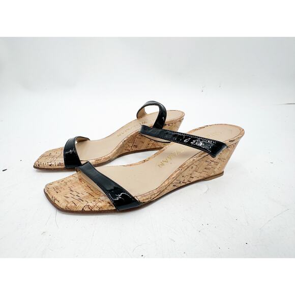 Stuart Weitzman Aleena Cork Wedge Black Leather Slide Sandals Size 7B - Picture 2 of 5